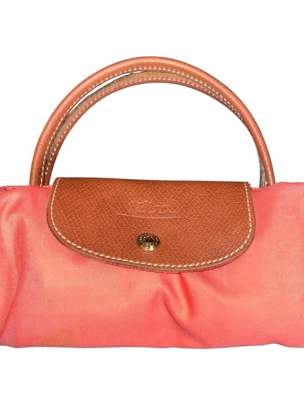 Longchamp Le Pliage Small/Medium  Coral Tote with Brown Leather Trim